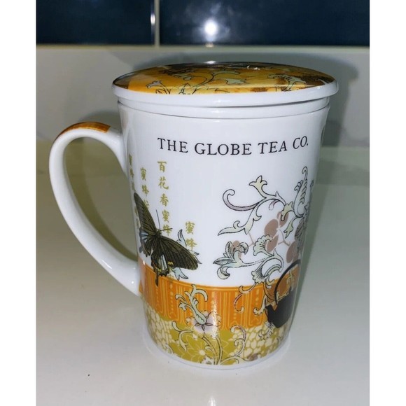 Globe Tea Co. Single Tea Cup Mug W/ Infuser & Lid 10 Oz Porcelain Paula Scaletta - Picture 5 of 11